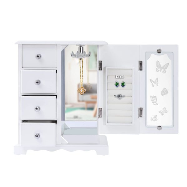Jewelry Box - Made of Solid Wood with 4 Drawers Organizer and Built-in Necklace Carousel