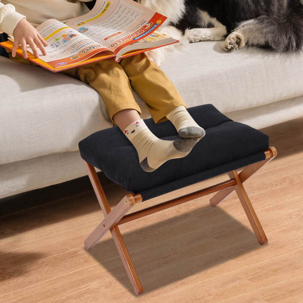Black Footstool, Upholstered Footrest, Modern Folding Foot Stool With Detachable Thick Cushion