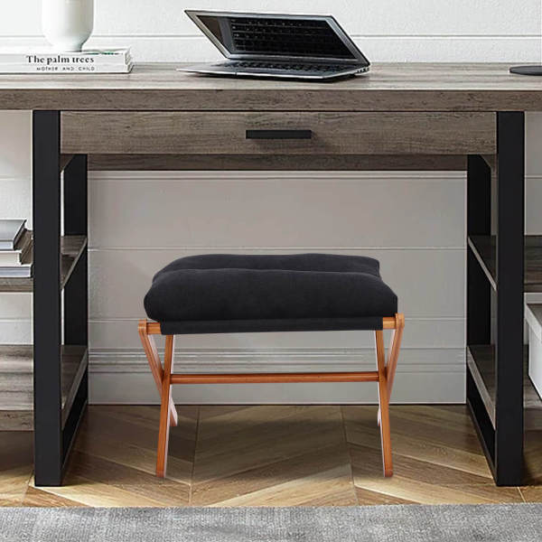 Black Footstool, Upholstered Footrest, Modern Folding Foot Stool With Detachable Thick Cushion