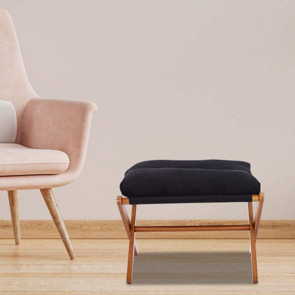 Black Footstool, Upholstered Footrest, Modern Folding Foot Stool With Detachable Thick Cushion