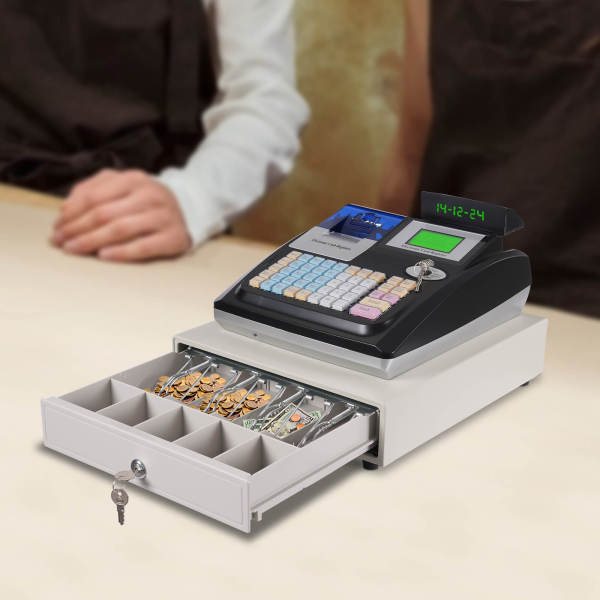 Black English Electronic Cash Register, Upgraded POS Machine - Dual-Display, 36 Departments, 10000 PLUs
