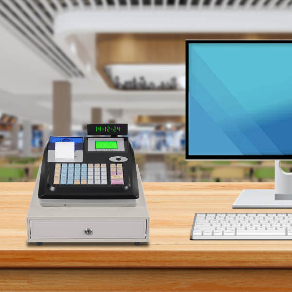 Black English Electronic Cash Register, Upgraded POS Machine - Dual-Display, 36 Departments, 10000 PLUs