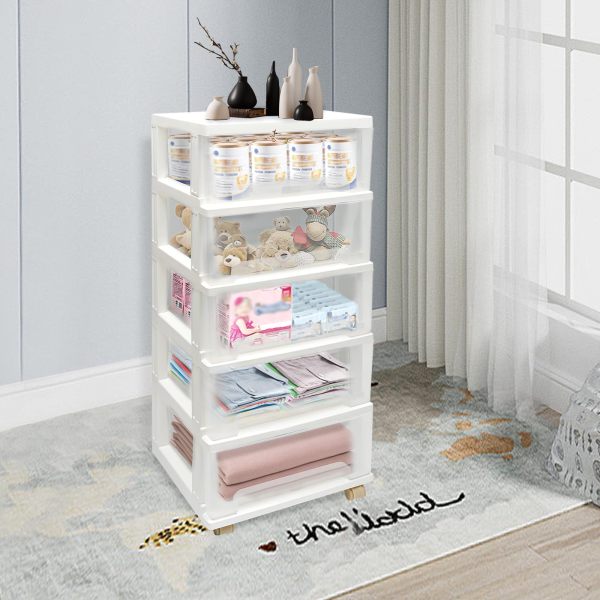 Drawer Cabinet with 5 Drawers and Wheels Rolling Container Filing Cabinet with Pulley Office Living Room Organiser Chest 40 cm (White)