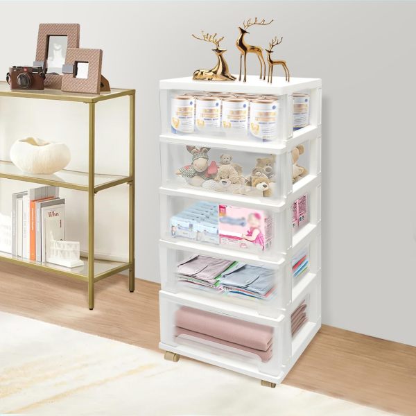 Drawer Cabinet with 5 Drawers and Wheels Rolling Container Filing Cabinet with Pulley Office Living Room Organiser Chest 40 cm (White)