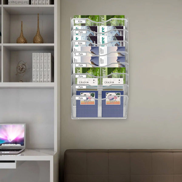 Office File Organizer Shelf 8 Pockets Document Holder A4 Paper Rack Wall Mounted (Sliver)
