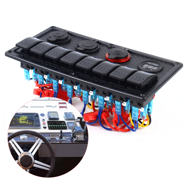 Marine Boat 8 Gang Toggle Rocker Switch Panel Waterproof  Ignition Switch  Double USB Charger 12V Cigarette Lighter Socket 