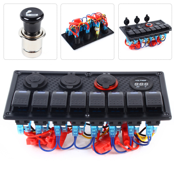Marine Boat 8 Gang Toggle Rocker Switch Panel Waterproof  Ignition Switch  Double USB Charger 12V Cigarette Lighter Socket 