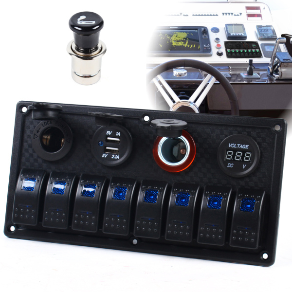 Marine Boat 8 Gang Toggle Rocker Switch Panel Waterproof  Ignition Switch  Double USB Charger 12V Cigarette Lighter Socket 
