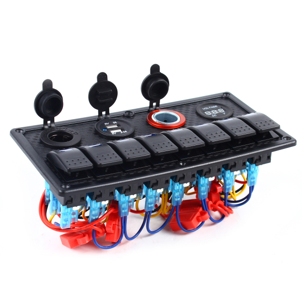 Marine Boat 8 Gang Toggle Rocker Switch Panel Waterproof  Ignition Switch  Double USB Charger 12V Cigarette Lighter Socket 