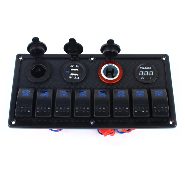 Marine Boat 8 Gang Toggle Rocker Switch Panel Waterproof  Ignition Switch  Double USB Charger 12V Cigarette Lighter Socket 