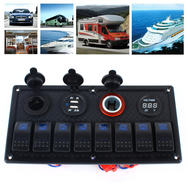 Marine Boat 8 Gang Toggle Rocker Switch Panel Waterproof  Ignition Switch  Double USB Charger 12V Cigarette Lighter Socket 
