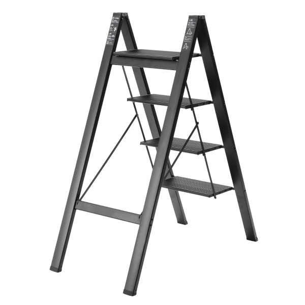4 Step Ladder Lightweight Folding Aluminum Alloy Step Stool with Anti-Slip Wide Pedal – Black