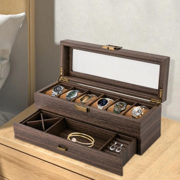 Wood grain double layer 6 compartment watch box, watch storage box, two layer design