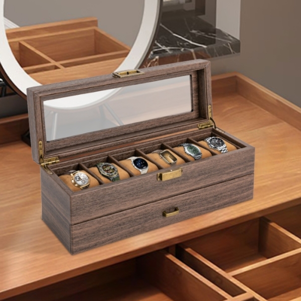 Wood grain double layer 6 compartment watch box, watch storage box, two layer design