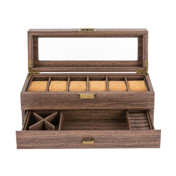 Wood grain double layer 6 compartment watch box, watch storage box, two layer design