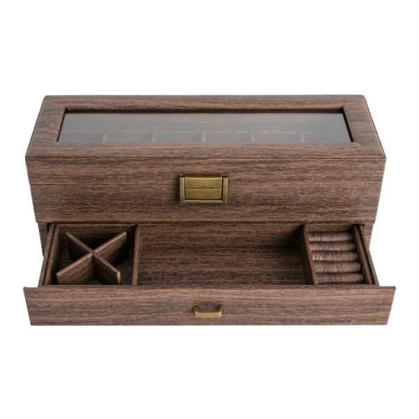 Wood grain double layer 6 compartment watch box, watch storage box, two layer design