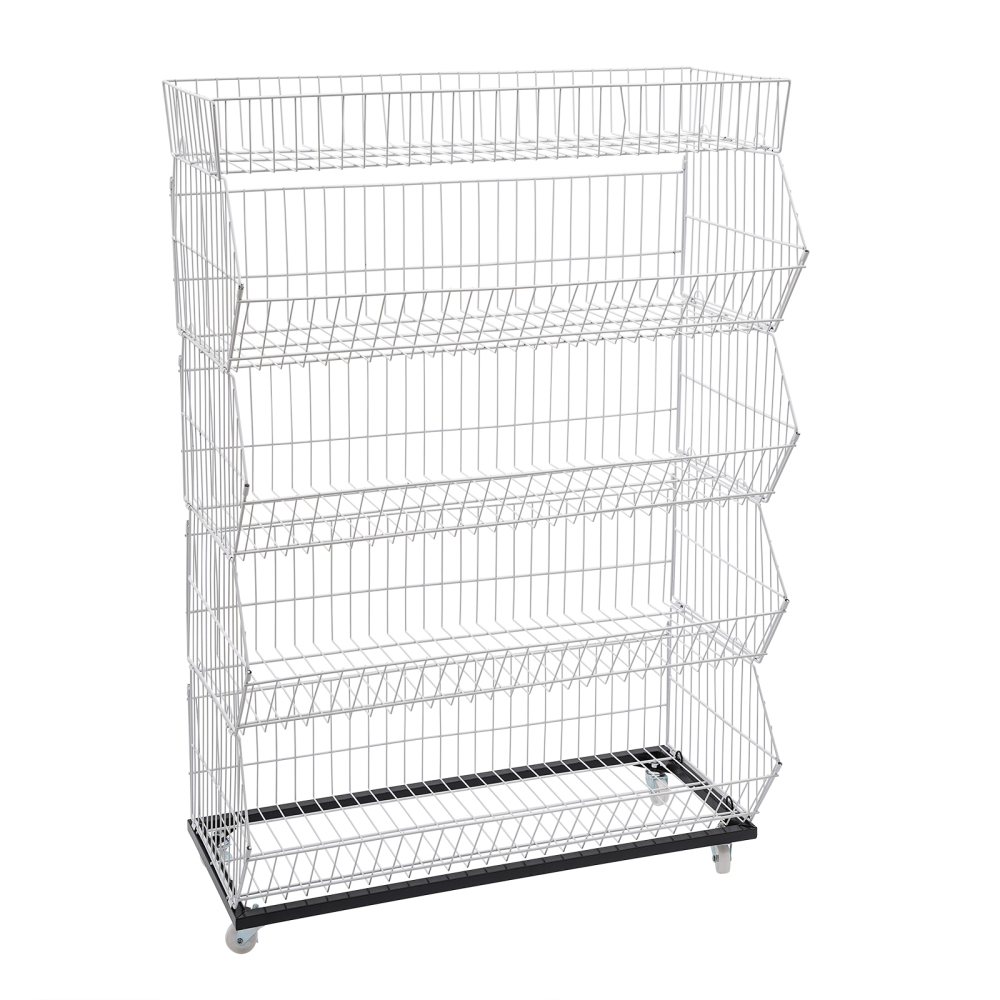 Rolling Supermarket Retail Display Rack 5 Tier Retail Display Shelves Stand Shelf, White
