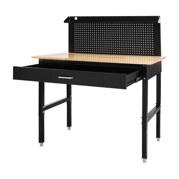 Workbench Adjustable Height 26-35.43in Work Bench for Garage Oak Plank & Carbon Steel Heavy Duty Workbench 2000lbs Weight Capacity