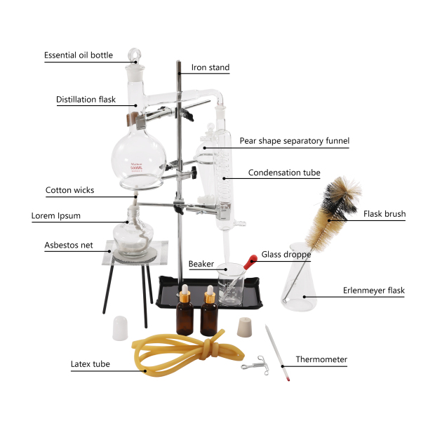 500ml Distillation Apparatus for Home, Distilling Set with Flask Essential Oil Extraction Maker, Chemistry Lab Glassware Kit