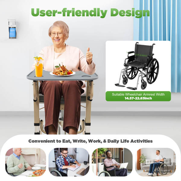 Grey ABS Wheelchair Tray Table, Wheelchair Dining Board, Mobility Aid - 20kg Load Capacity, 22.83*20.67in