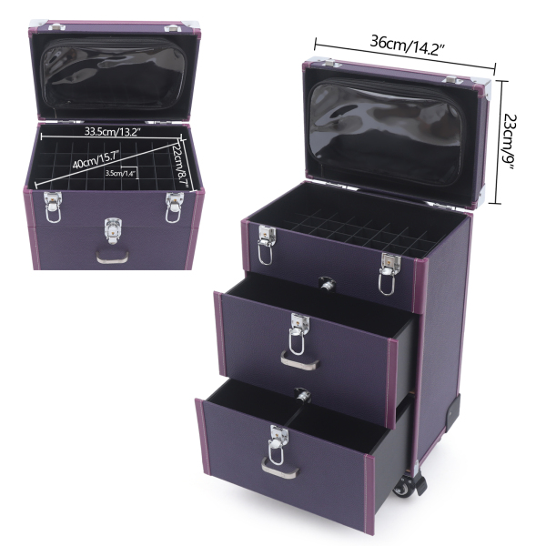 Makeup Train Case Rolling Makeup Trolley Case Nail Polish Organizer Jewelry Travel Cosmetic Train Case w/ 4 Wheels 14.2*9*19.29'' Purple