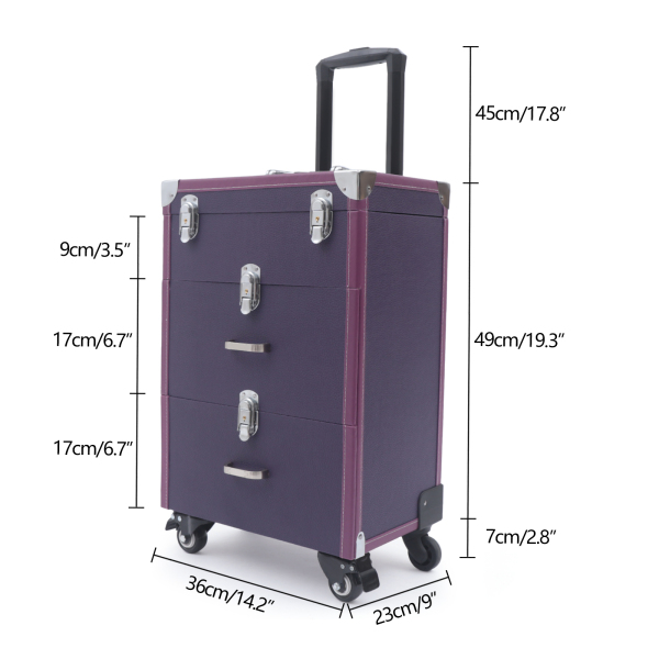 Makeup Train Case Rolling Makeup Trolley Case Nail Polish Organizer Jewelry Travel Cosmetic Train Case w/ 4 Wheels 14.2*9*19.29'' Purple