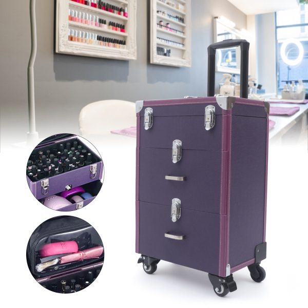 Makeup Train Case Rolling Makeup Trolley Case Nail Polish Organizer Jewelry Travel Cosmetic Train Case w/ 4 Wheels 14.2*9*19.29'' Purple
