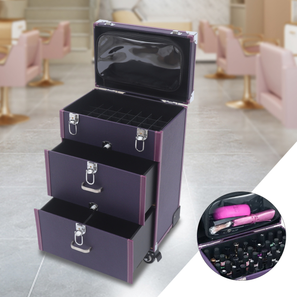 Makeup Train Case Rolling Makeup Trolley Case Nail Polish Organizer Jewelry Travel Cosmetic Train Case w/ 4 Wheels 14.2*9*19.29'' Purple