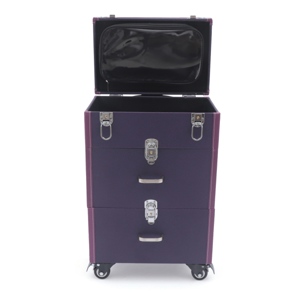 Makeup Train Case Rolling Makeup Trolley Case Nail Polish Organizer Jewelry Travel Cosmetic Train Case w/ 4 Wheels 14.2*9*19.29'' Purple