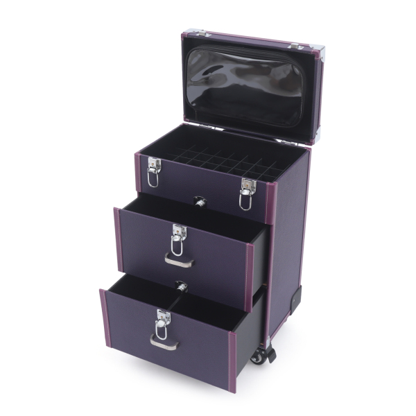 Makeup Train Case Rolling Makeup Trolley Case Nail Polish Organizer Jewelry Travel Cosmetic Train Case w/ 4 Wheels 14.2*9*19.29'' Purple