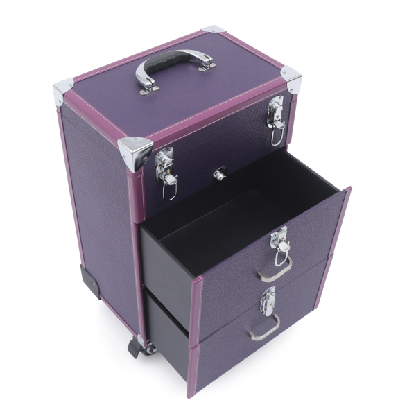 Makeup Train Case Rolling Makeup Trolley Case Nail Polish Organizer Jewelry Travel Cosmetic Train Case w/ 4 Wheels 14.2*9*19.29'' Purple