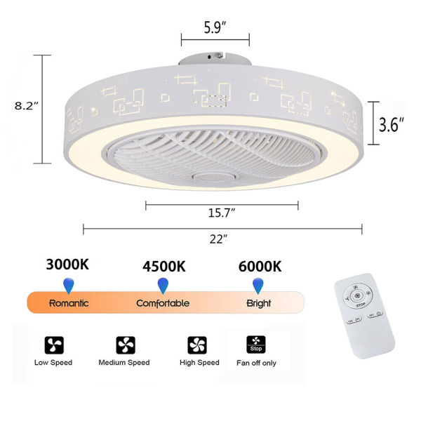 23'' Invisible Ceiling Fan Light LED 3 Colors Dimmable Chandelier Lamp w/ Remote