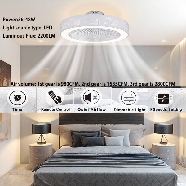 23'' Invisible Ceiling Fan Light LED 3 Colors Dimmable Chandelier Lamp w/ Remote