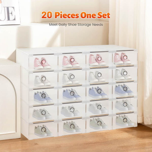 20-Piece White Stackable Drawer-Style Shoe Box Set, Shoe Organizer, Storage Container - Fits Shoes Up to 25cm