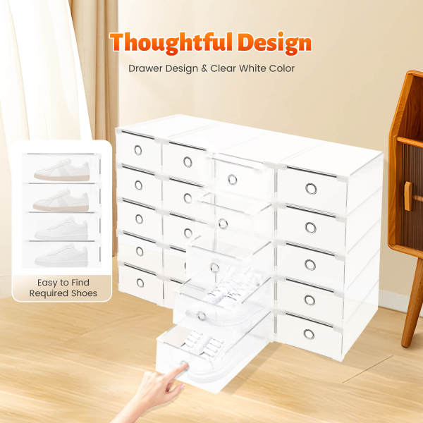 20-Piece White Stackable Drawer-Style Shoe Box Set, Shoe Organizer, Storage Container - Fits Shoes Up to 25cm