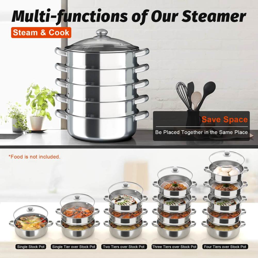 5-Tier Stainless Steel Steamer Set 30cm Steam Cooker Cooking Pots Real ...