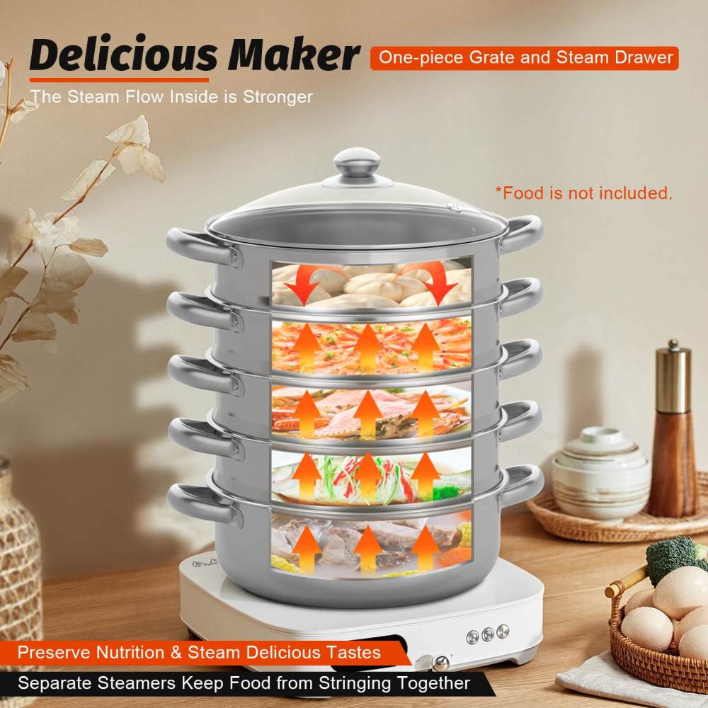 5-Tier Stainless Steel Steamer Set 30cm Steam Cooker Cooking Pots Real ...