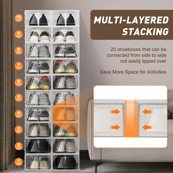 Pack of 20 stackable and durable clear plastic shoe storage boxes 9*13*5.5inch