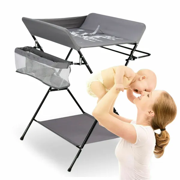Baby Changing Table Mobile Infant Care Station Folding Nursery Changer Tables with Bottom Storage Board Elevated Fence for Changing Clothes and Diapers