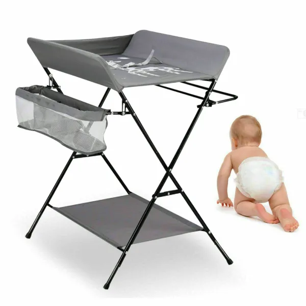 Baby Changing Table Mobile Infant Care Station Folding Nursery Changer Tables with Bottom Storage Board Elevated Fence for Changing Clothes and Diapers