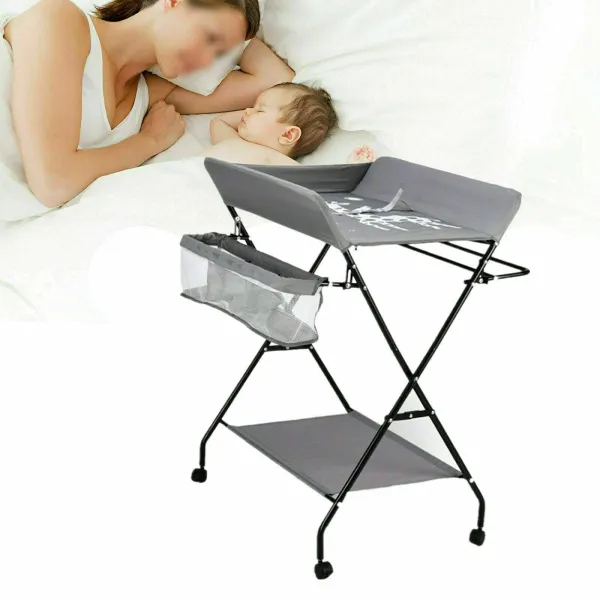 Baby Changing Table Mobile Infant Care Station Folding Nursery Changer Tables Height Adjustable with 4 Swivel Wheels