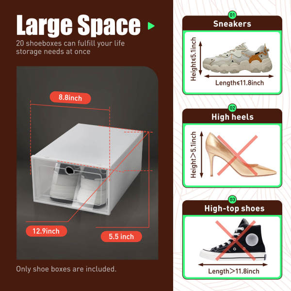 20-Pack Large Angel White Shoe Boxes with Round Holes (Thickened), Stackable & Foldable Storage Boxes - PP & ABS, Transparent Lid