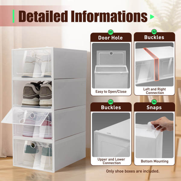 20-Pack Large Angel White Shoe Boxes with Round Holes (Thickened), Stackable & Foldable Storage Boxes - PP & ABS, Transparent Lid