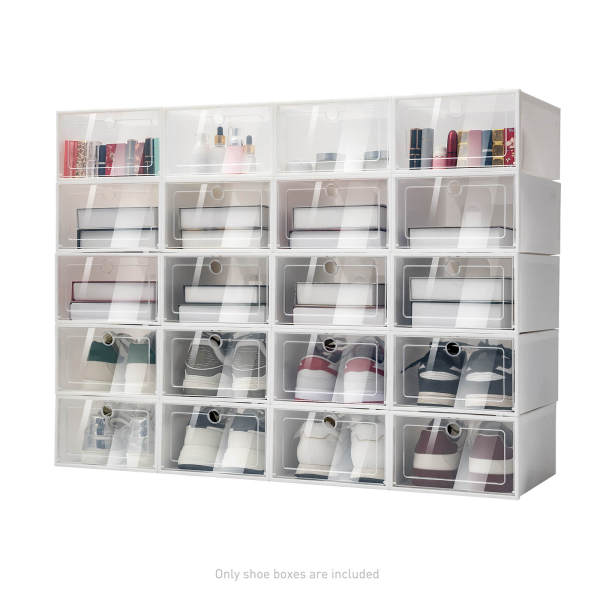 20-Pack Large Angel White Shoe Boxes with Round Holes (Thickened), Stackable & Foldable Storage Boxes - PP & ABS, Transparent Lid
