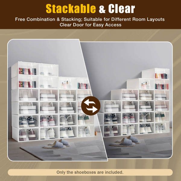 24-Piece Large Angel White Stackable & Foldable Shoe Storage Boxes, Organizer Containers with Round Holes - PP & ABS Material, Dustproof Transparent