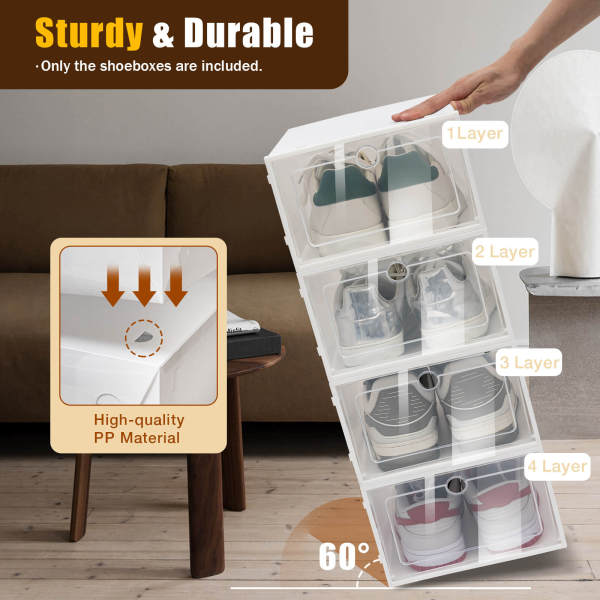 24-Piece Large Angel White Stackable & Foldable Shoe Storage Boxes, Organizer Containers with Round Holes - PP & ABS Material, Dustproof Transparent