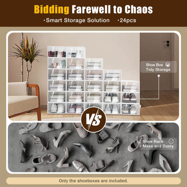 24-Piece Large Angel White Stackable & Foldable Shoe Storage Boxes, Organizer Containers with Round Holes - PP & ABS Material, Dustproof Transparent