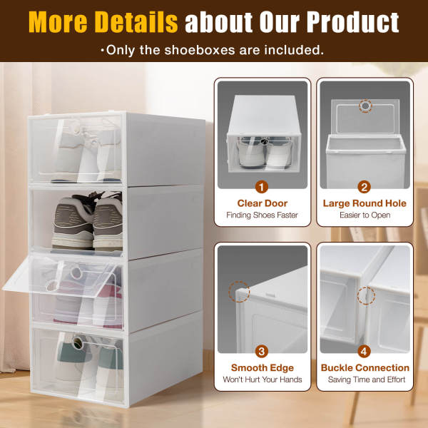 24-Piece Large Angel White Stackable & Foldable Shoe Storage Boxes, Organizer Containers with Round Holes - PP & ABS Material, Dustproof Transparent