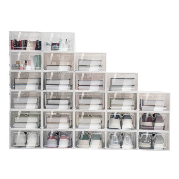 24-Piece Large Angel White Stackable & Foldable Shoe Storage Boxes, Organizer Containers with Round Holes - PP & ABS Material, Dustproof Transparent