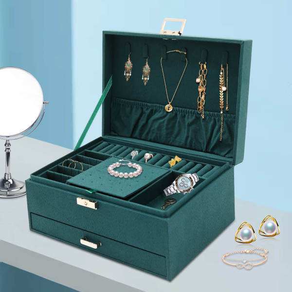 3-Layer Drawer Jewelry Box, Dark Green Suede,  Storage Box, Jewelry Organizer, for Rings Earrings Necklaces, 24*17*11cm
